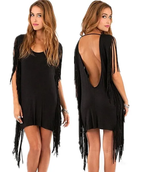 

Novelty dresses women summer o-neck butterfly sleeve tassel dress fashion lady black backless sexy dress XS-XXL