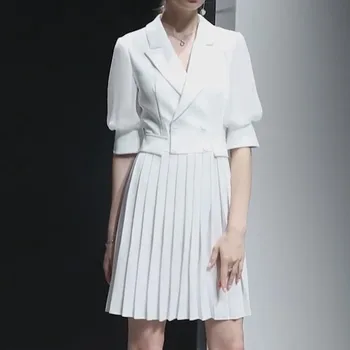 

Ladies Elegant White Blazer Office Dress 2019 Women Summer Turn-down Collar Puff Sleeve Slim Draped Chiffon Dress Vestidos