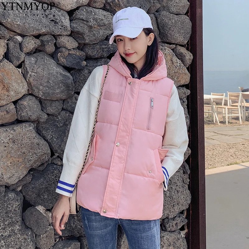 YTNMYOP 2019 Loose Autumn And Winter Vests For Women Hooded Waistcoat Outerwear Female Sleeveless Thick Warm Jacket Coat Pink