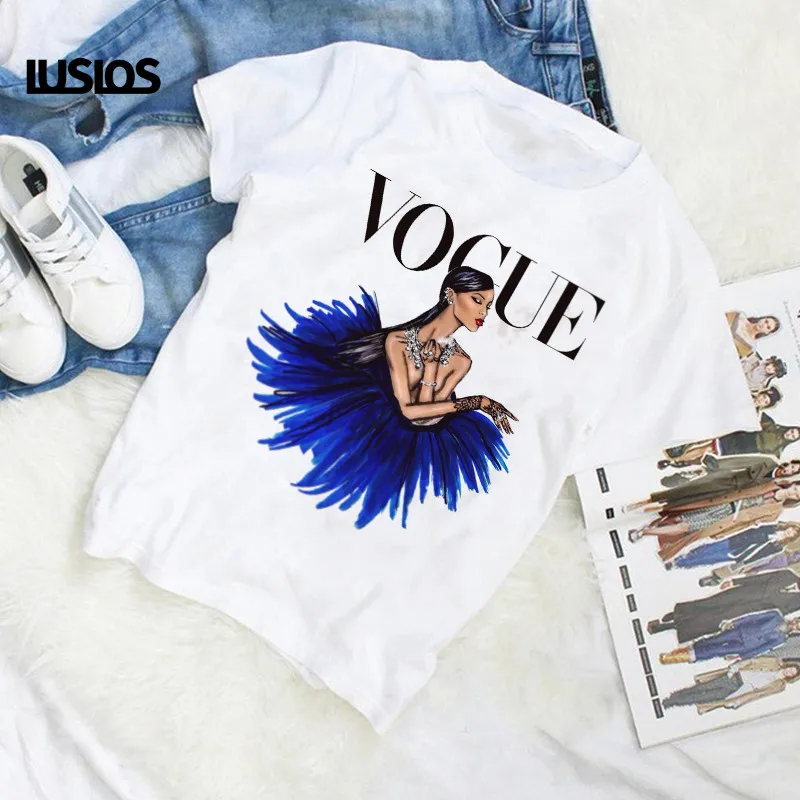 

LUSLOS 2019 Vogue Letter Print T Shirt Women Summer Short Sleeve O Neck White Causal Tshirt Fashion Sexy Lady Print Harajuku Tee