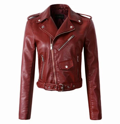 

2018 New Fashion Women Autunm Winter Wine Red Faux Leather Jackets Lady Bomber Motorcycle Cool Outerwear Coat with Belt Hot Sale