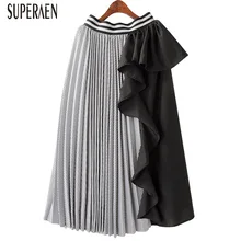 SuperAen, корейский стиль, высокая талия, Женская плиссированная юбка, эластичная талия, повседневная, хлопок, модная, прошитая, в полоску, юбки для женщин, Новинка
