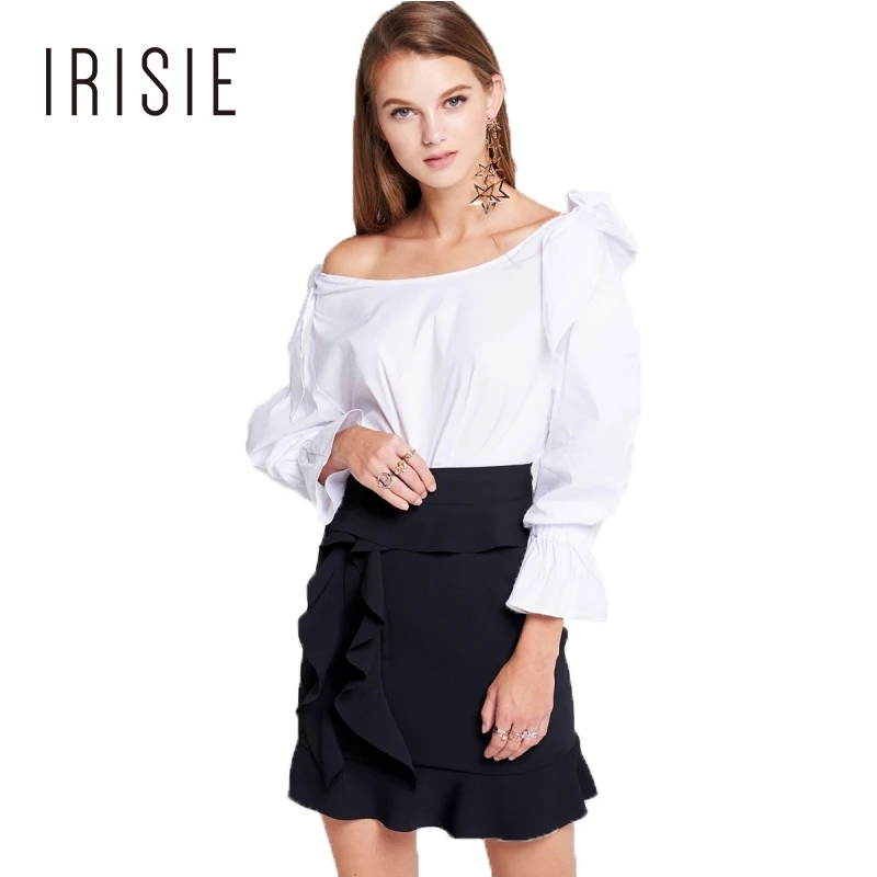 IRISIE 2018 White Off Shoulder Tie Blouse Long Sleeve Shirt Fashion Women Shirts Sweet Tops Ladies Elegant Blouses Flare Sleeves |