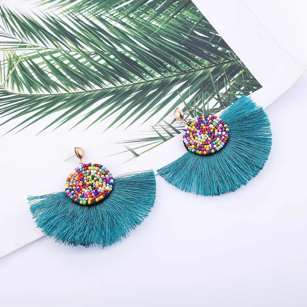 E5751 Trendy Drop Earrings RoundWomenLongBohemianBlueBeadsBalckMetalBohoHandmadeGold Tassel Earrings 2018 Jewelry