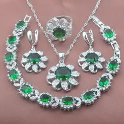 Элегантный зеленый фианит Цветок 925 Серебряные Ювелирные наборы для женщин Свадебные серьг и для индийского костюма кольца браслет
