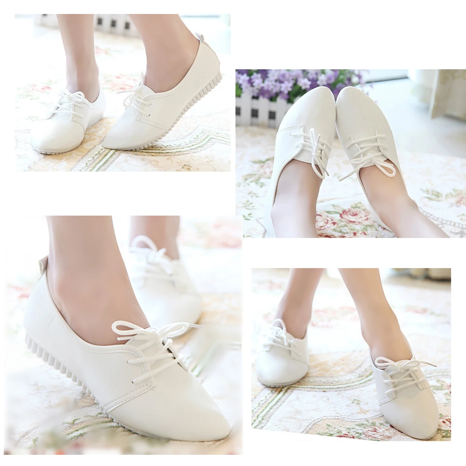 

Hot Fashion New fashion vintage women soft leather light flat shoes black white pointed toe lace-up comfort driving casual shoes