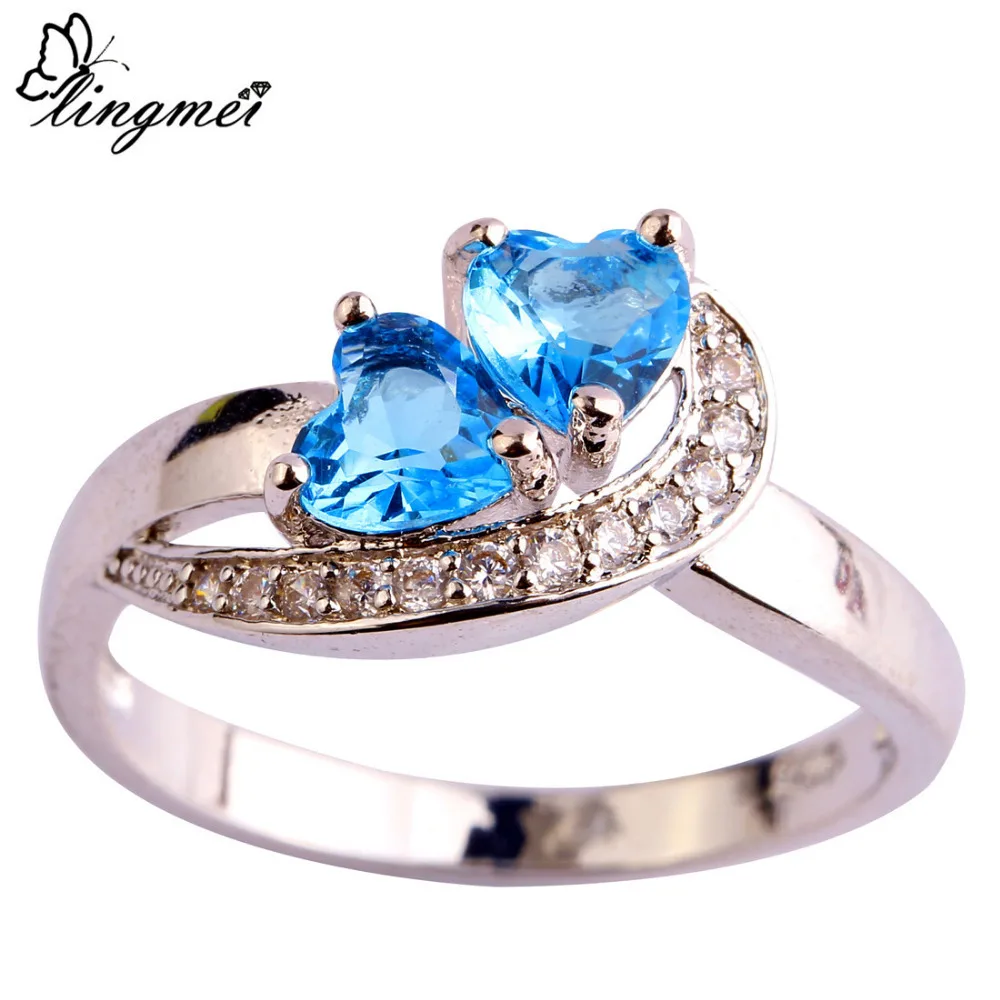 

lingmei Free Shipping Wholeale Heart Great Shiny Blue & White CZ Silver Color Ring Party Jewelry For Unisex Size 6 7 8 9 10 11