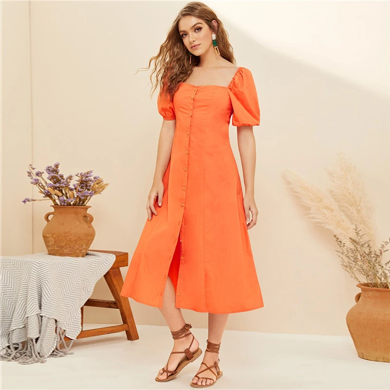 SHEIN оранжевое однобортное платье миди с рукавами-фонариками, женское богемное милое однотонное летнее платье с квадратным вырезом, хлопковое длинное платье