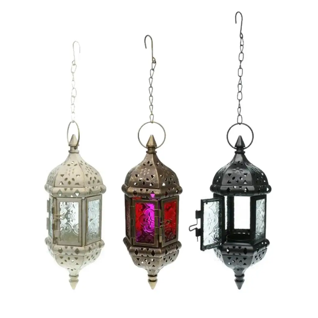 Set 3PCS Glass Hanging Moroccan Candle Lanterns Hurricane Candle Lamp Tea Light Candleholder With 66cm Iron Chain