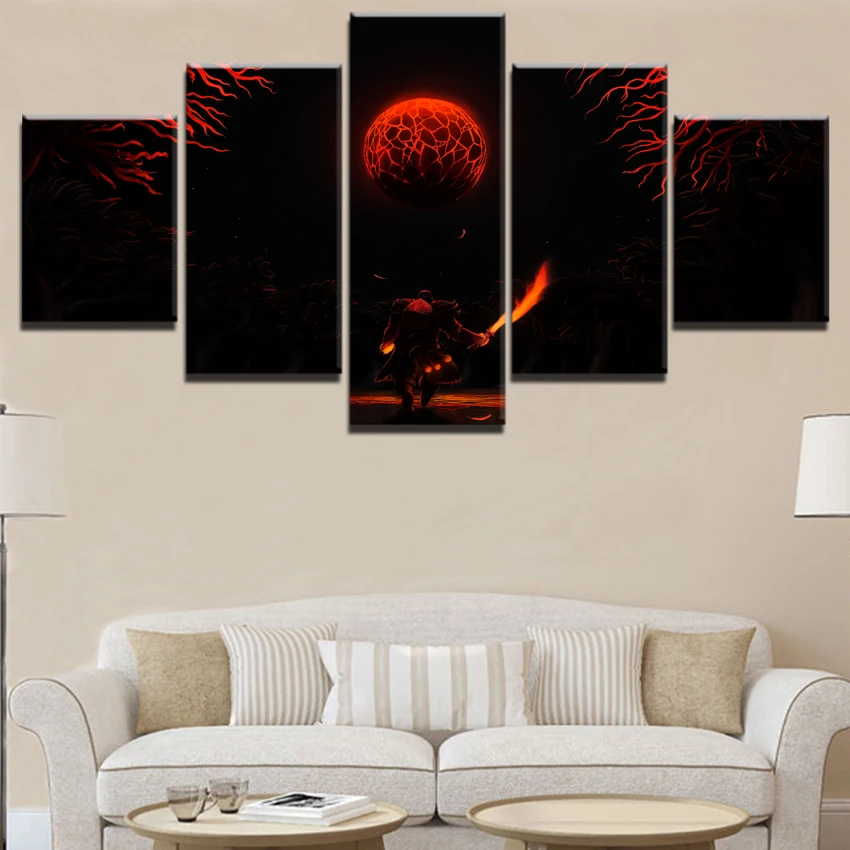  Wall Art Canvas Unique Pictures Home Decorative Framework 5 Pieces DotA Red Moon Night Game Poster 