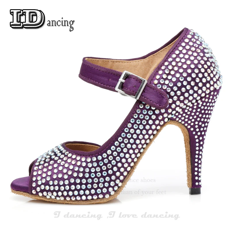 Танцы каблуки бальные туфли для девочек со стразами Туфли для латинских танцев фиолетовые кроссовки квадратном Чача обувь для вечеринок