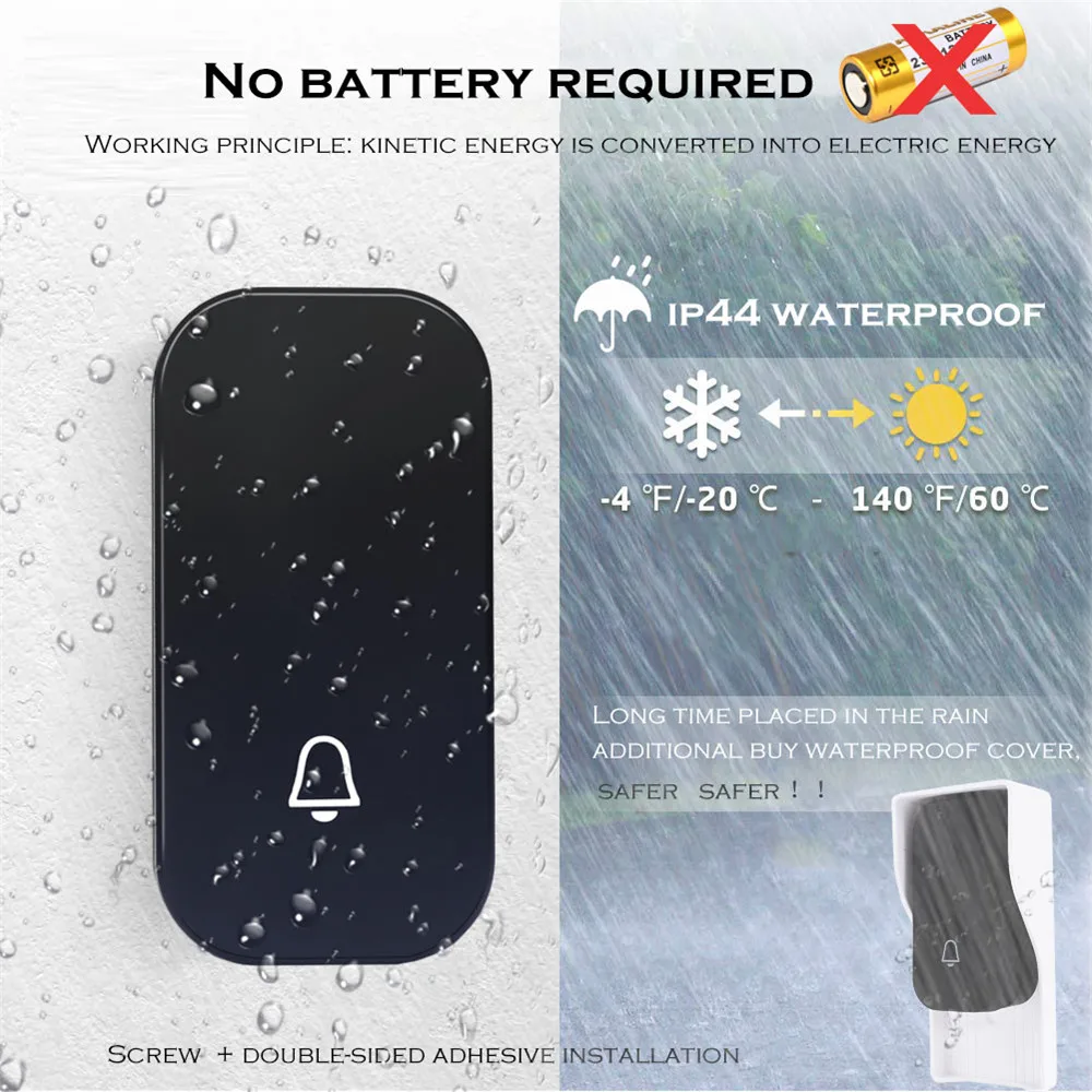SMATRUL self powered New Waterproof Wireless Doorbell EU Plug 150M Remote smart Door Bell Chime ring 2 button 1 receiver no battery Deaf Gorgeous lighting black 3.0