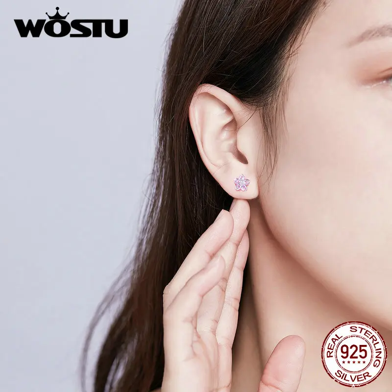 Женские серьги гвоздики с розовым кристаллом WOSTU из 100% стерлингового серебра 925