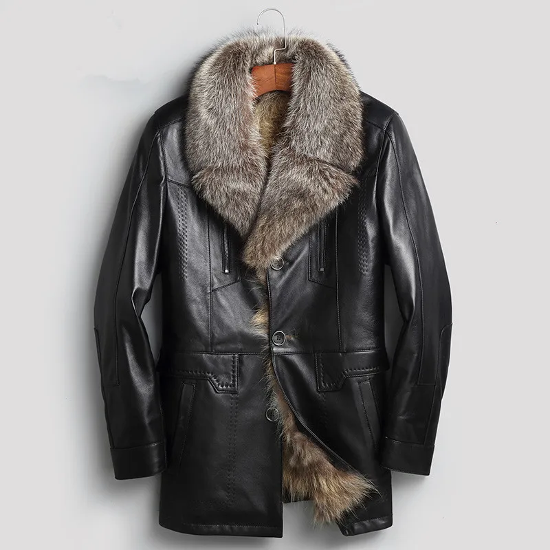 AYUNSUE, зимняя мужская куртка из натуральной кожи, с подкладкой из натурального меха енота, пальто из овчины для мужчин, теплая парка, Chaqueta, MG-40-15038, KJ1329 - Цвет: Black