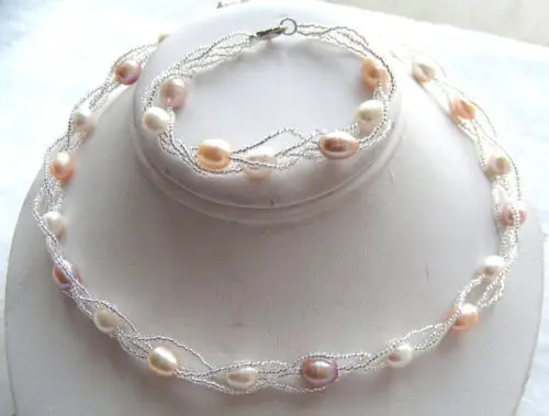 

07803 3rows white pink purple natural pearls necklace a set (A0423)