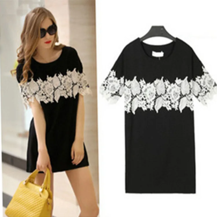 

Women's 2019 summer new striped short-sleeved round neck slim lace embroidery fashion dress size XS-6XL
