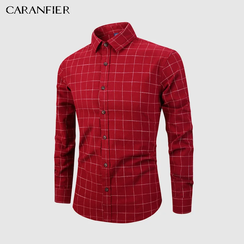 CARANFIER/ весенне-зимние мужские рубашки в клетку с длинными рукавами, повседневная брендовая рубашка Camisa Masculina,, высокое качество - Цвет: 6Red
