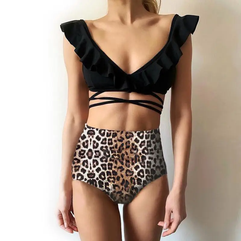 

New Leopard Print High-waist Bikini Strap-on Sexy Bathing Suit Women 2019 European and American Ruffle Swim Womens Swimsuit