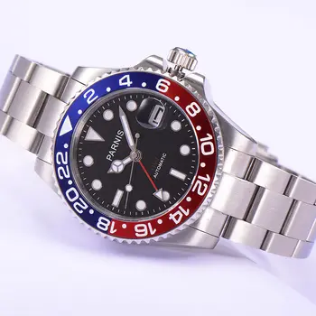 

Parnis 40mm GMT 3804 automatic watch men sapphire glass waterproof luminous black dial blue red ceramic bezel SS bracelet 381