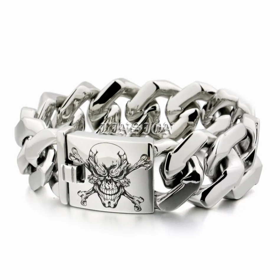 

9 Lengths Deep Laser Engraved Pirate Skull Huge Heavy 316L Stainless Steel Mens Boys Biker Rock Punk Bracelet 5F103