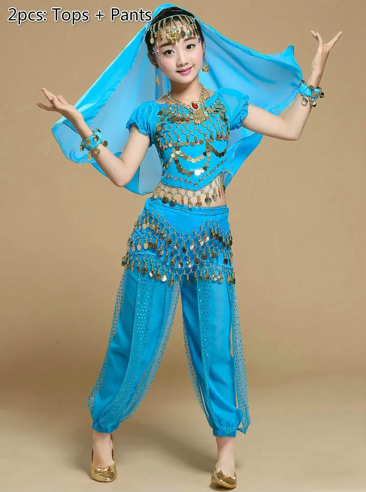 Детский костюм для танца живота для девочек, Детский костюм для выступлений, индийский танец живота, сексуальный Египетский танцевальный костюм, Одежда для танцев, 6 цветов - Цвет: 2pcs light blue