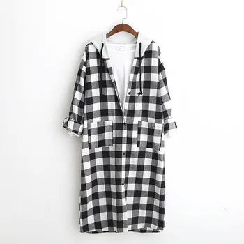 

Korean style leisure shirt outwear spring autumn new female hooded cardigan Checkerboard long blouse plaid blusas tops
