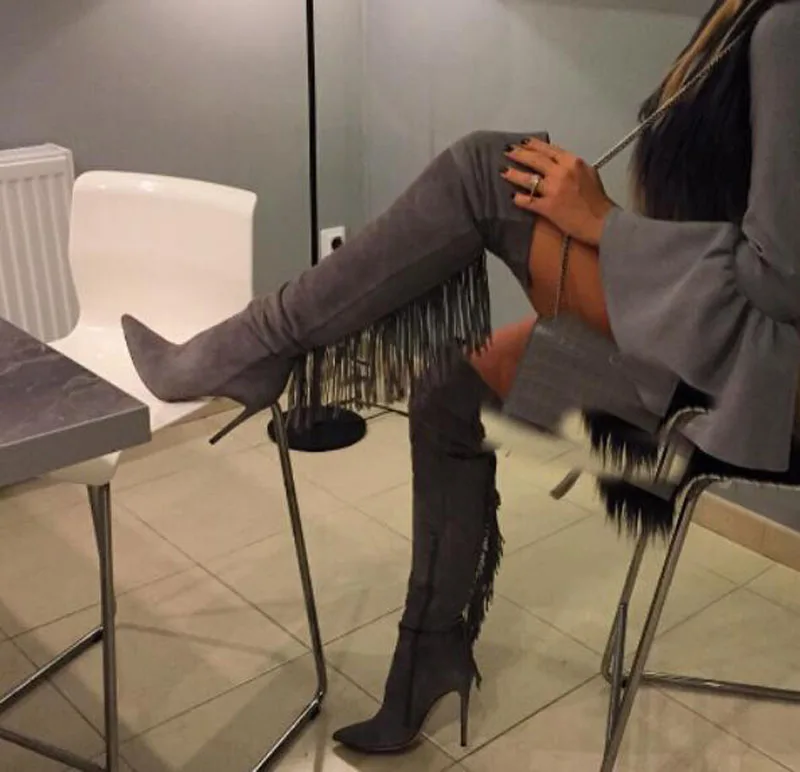 Estrecha Largo Flecos Sexy Punta Talón De La Borlas Suede Mujeres Cuero Las Muslo Alto Moda Caliente Rodilla Botas Sobre Venta YaqHUU