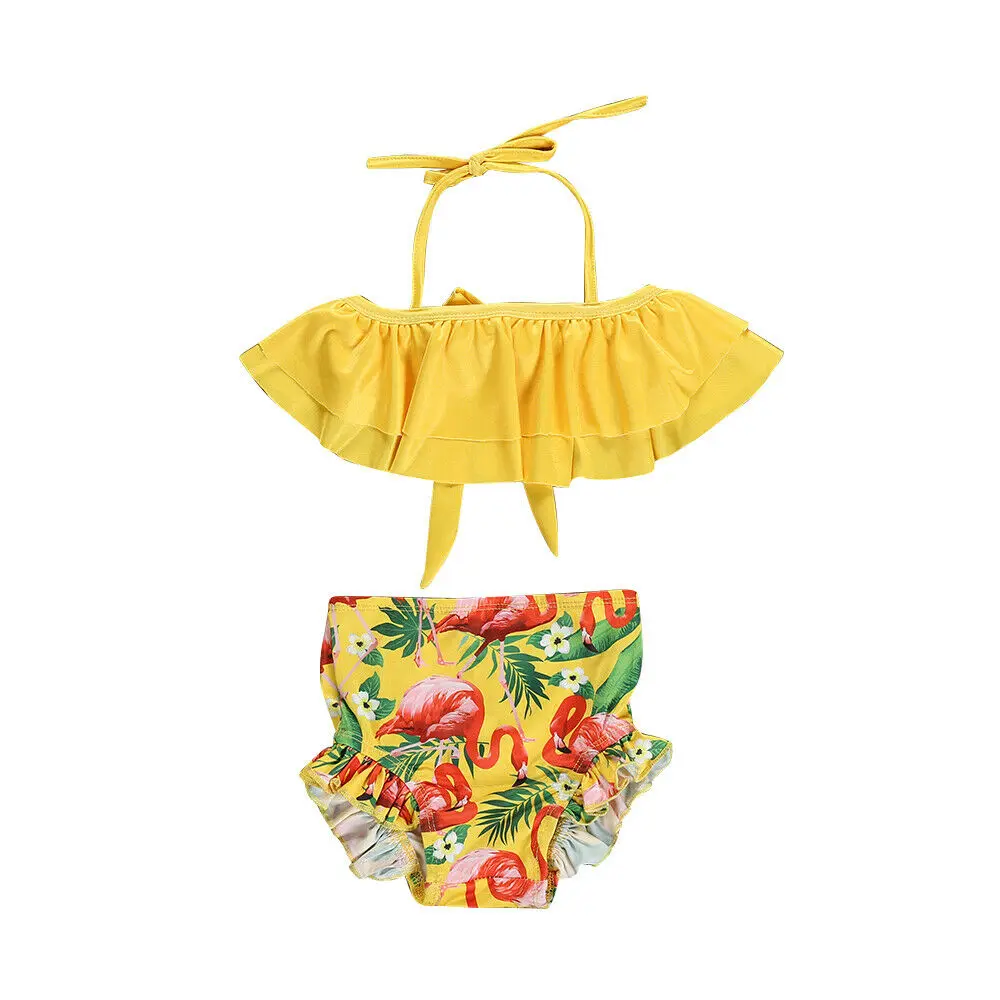 Летний купальный костюм-бикини с оборками и фламинго для маленьких девочек, 2 предмета