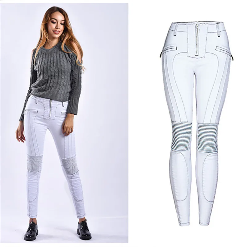 Плюс размер рваные джинсы для женщин модная обтягивающая, эластичная бойфренд, с высокой талией мото& байкерские джинсы - Цвет: Белый