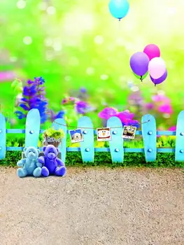 

TR Blue Fence Teddy Bears Balloons Backgrounds for Photo Studio Props 5X7ft Vinyl Bokeh Grass Wedding Children Photo Backdrops