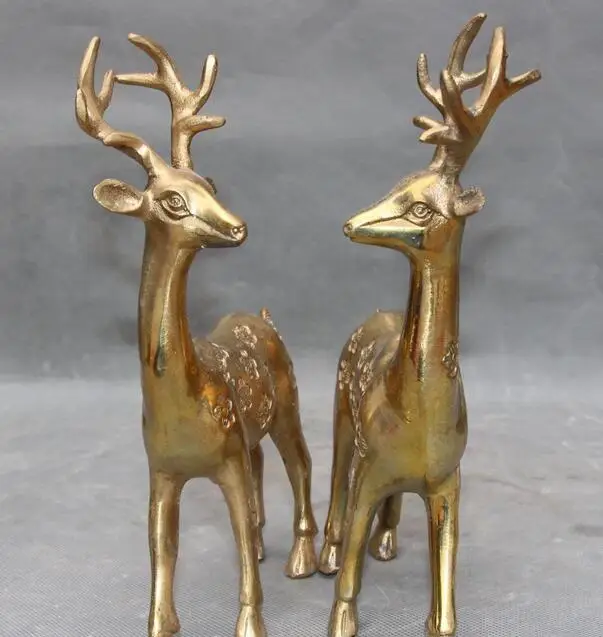 

free 10" Chinese Fengshui Bronze Auspicious Sika spotted deer Animal pair Statue fast