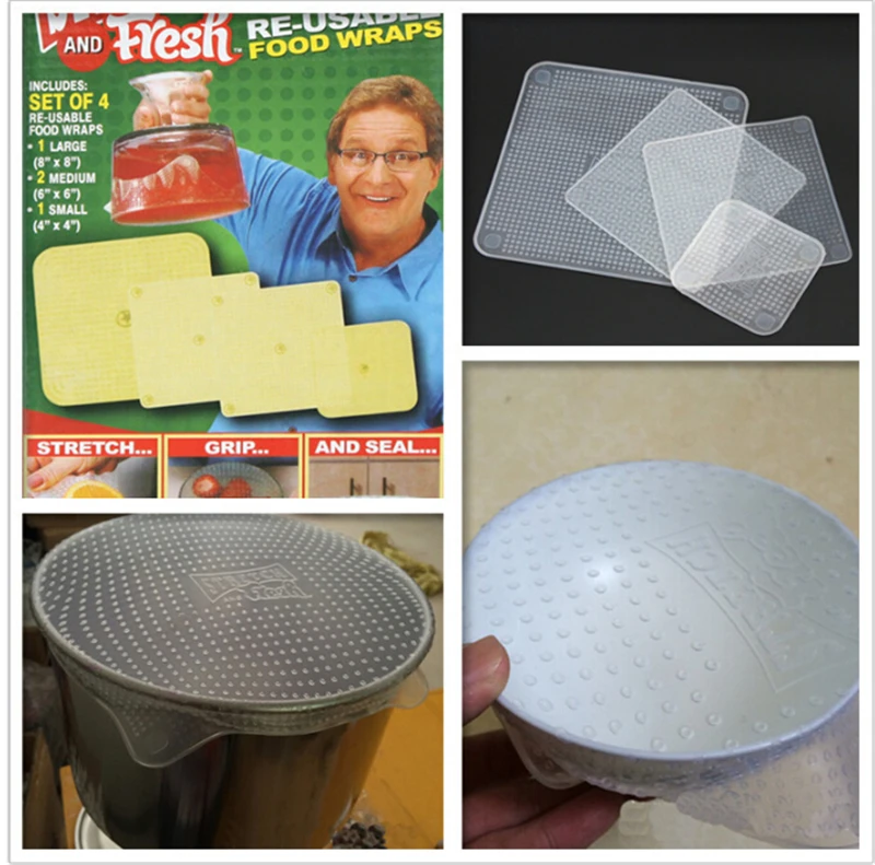 

4pcs Clear Reusable Silicone Food Wraps Seal Cover Stretch and Fresh Saran Wrap Kitchen Tools as seen on tv