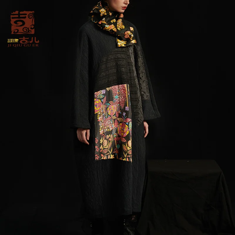

Jiqiuguer Original Design Women's Loose Dress Long Print Stitching Round Collar Matching Gown Spring Autumn Dress G183Y028