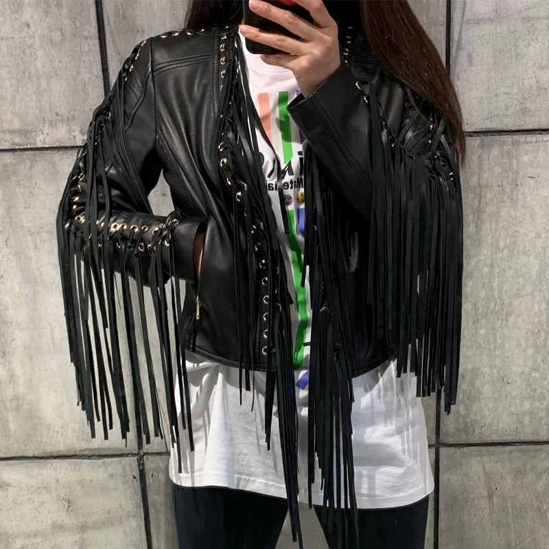 

lady genuine sheep leather short jacket 100% real sheep leather tassel jacket