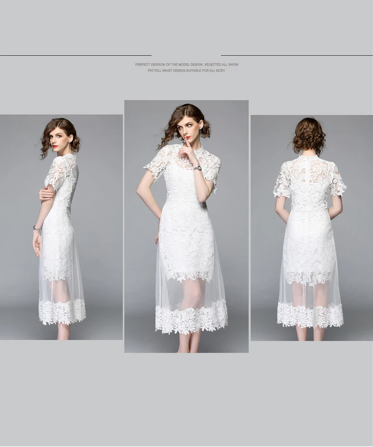 White Lace Stitching Mesh Gauze O-neck Short Sleeve Mid-calf Dress