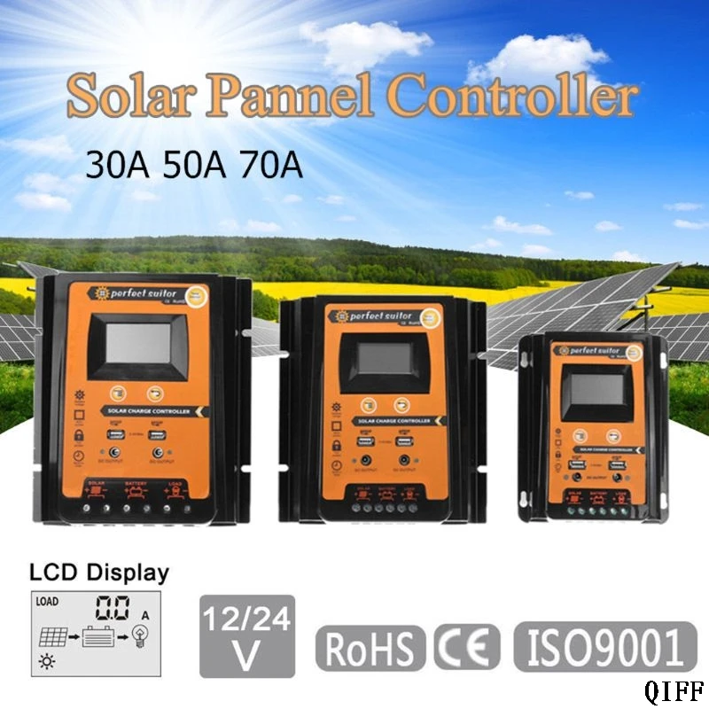 Контроллер заряда 12 в 24 В 30A 50A 70A Солнечный контроллер заряда солнечная панель регулятор батареи двойной USB ЖК-дисплей Mar28