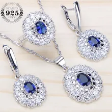 Комплект свадебных ювелирных изделий из голубого фианита, свадебные серьги для женщин, 925 пробы для костюма, серебряные ювелирные изделия с кольцом, ожерелье