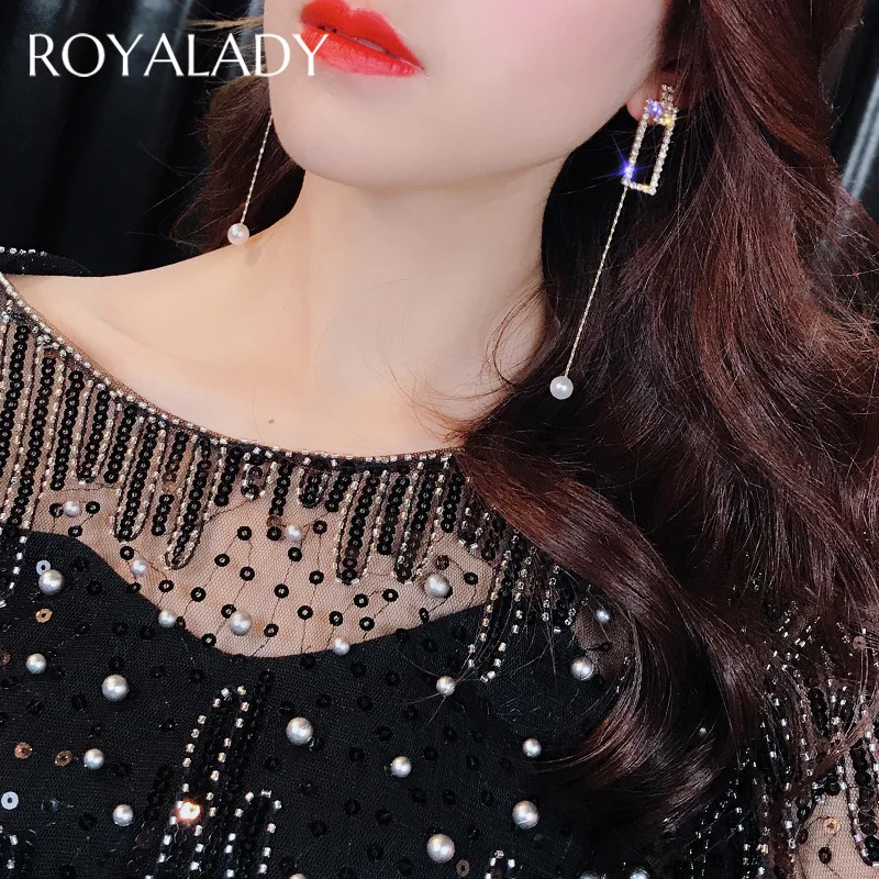 

2019 Geometry Asymmetry Long Tassel Women Earring Crystal Simulated Pearl Dangle Drop Earrings For Women Korean Jewelry Bijou