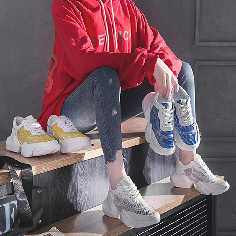 

HEE GRAND Sneakers Sports Casual Shoes Woman Summer Breathable Ladies Shoes Platform Shoes Yellow White Walking Shoes XWC1515