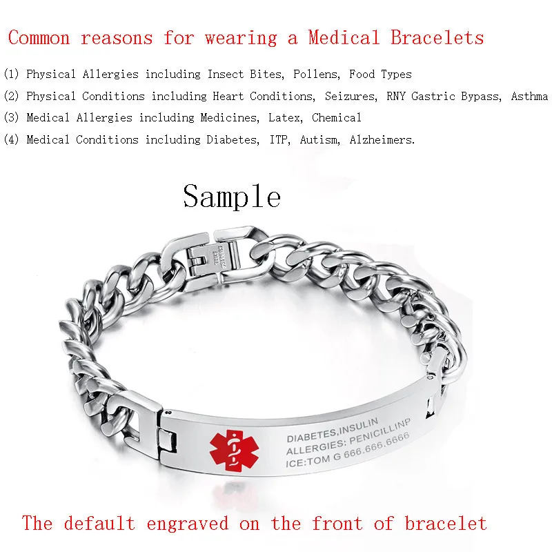 Medical Alert Bracelet Vnox Customized Stainless Steel Personalized ICE Info Emergency Jewelry