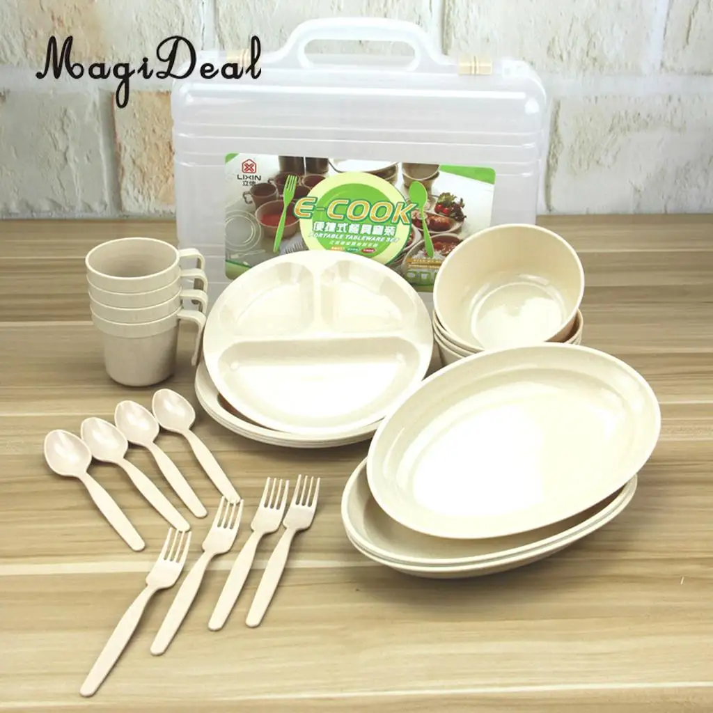 MagiDeal 24 Pieces Plastic Picnic Camping Outdoor Plastic Reusable Tableware Dishes Set for Camping BBQ Beach Outdoor Tableware