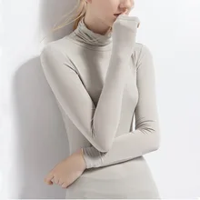 Водолазка Slim fit Повседневное основе Топы Для женщин с длинным рукавом футболки одноцветное Цвет Демисезонный вискозные футболки Для женщин Большие размеры