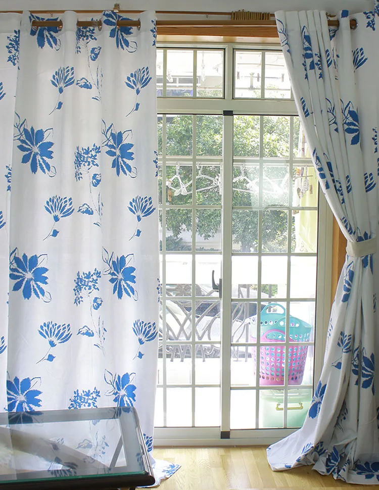 Mediterranean style curtain Blue flower canvas living room curtain