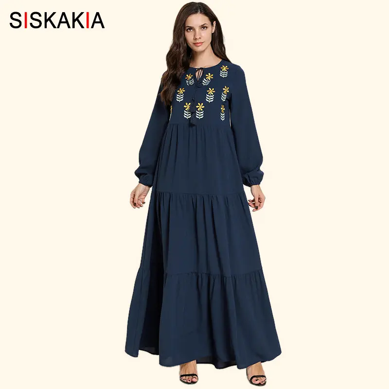 

Siskakia Arabian Long Dress Elegant Ethnic Floral Embroidery Maxi Dresses Round Neck Long Sleeve Draped Patchwork Swing Fall New