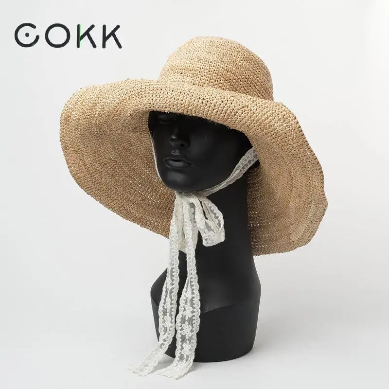 

COKK Summer Raffia Straw Sun Hats For Women Ladies Foldable Sunscreen Sunhat With Lace Ribbon Bow Beach Hat Female High Quality
