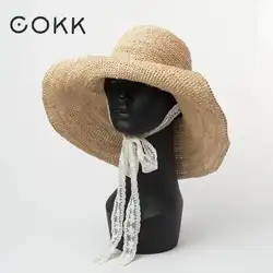 COKK летние соломенные из пальмового волокна солнечные шляпы для женщин дамы складной солнцезащитный головной убор с кружевной лентой