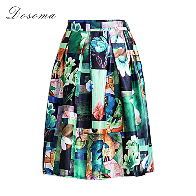green paint printed high waist skirt women 2017 european style retro
