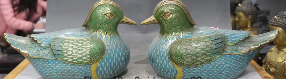 

13"Chinese 100% Cloisonne Enamel 24K Gold Carving Animal Bird Mandarin Duck Pair
