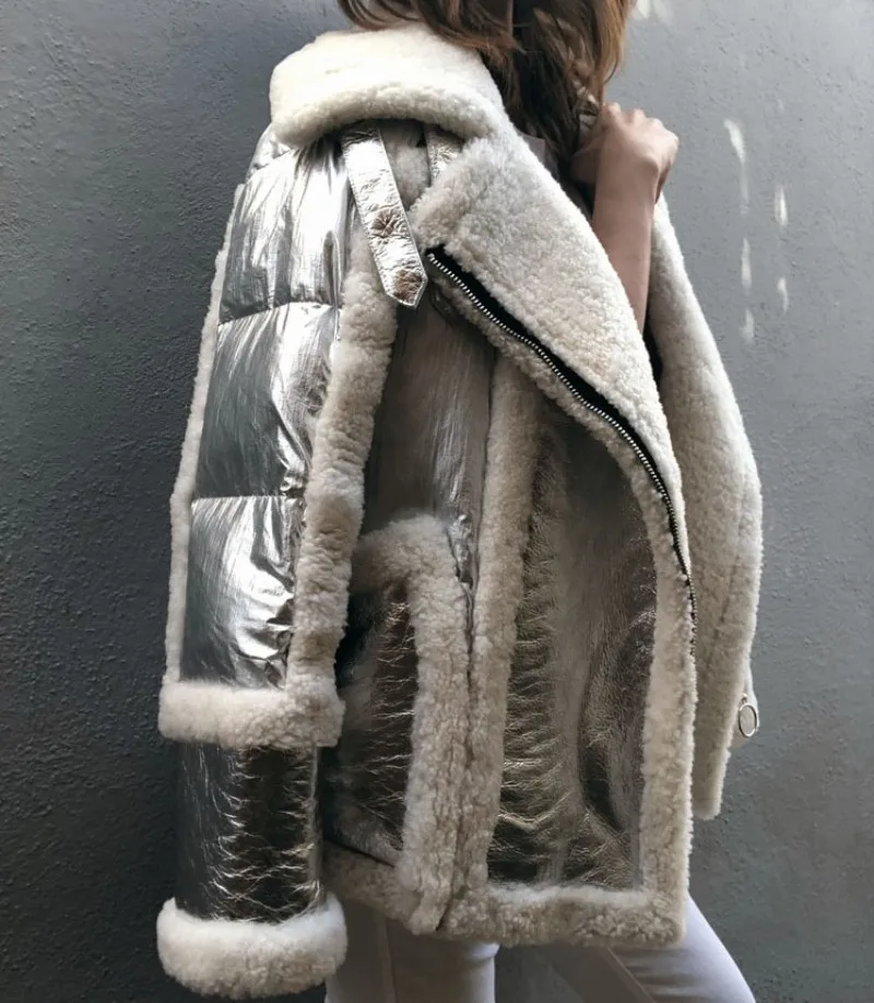 Новинка, Женская Роскошная куртка из овечьей шерсти, пуховик из натуральной кожи, пальто в стиле хип-хоп, настоящий мех, мотоциклетная куртка Abrigo Mujer