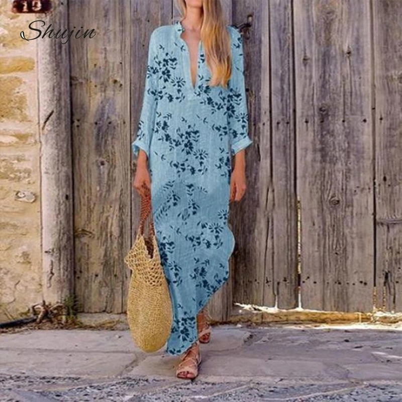 

SHUJIN Women Deep V Dress Print Long Sleeve Dress Holiday Tropical Beach Floral Dress Summer Vacation Lady Maxi Long Vestido